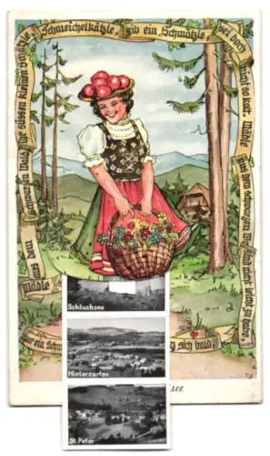 Leporello-AK Titisee /Schwarzwald, Feldbergturm, Höllental, Schluchsee, St. Peter, Schwarzwälderin in Tracht