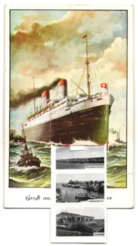 Leporello-AK Burhave /Nordsee, Altes Fischerhaus am Deich, Hauptstrasse, Strandhalle, Passagierschiff in voller Fahrt