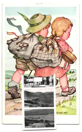Leporello-AK Berleburg, Schloss Wittgenstein, Kurklinik, Schlosswache, Edertal, Junge Wanderer auf der Landstrasse