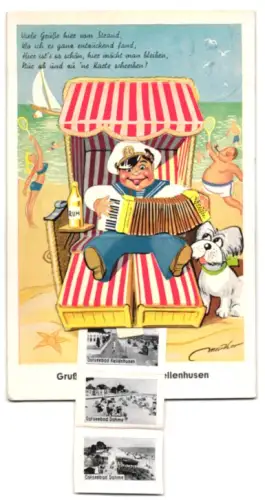 Leporello-AK Kellenhusen /Ostsee, Strandpartien in Kellenhusen, Grömitz und Dahme, Junge mit Akkordeon im Strandkorb