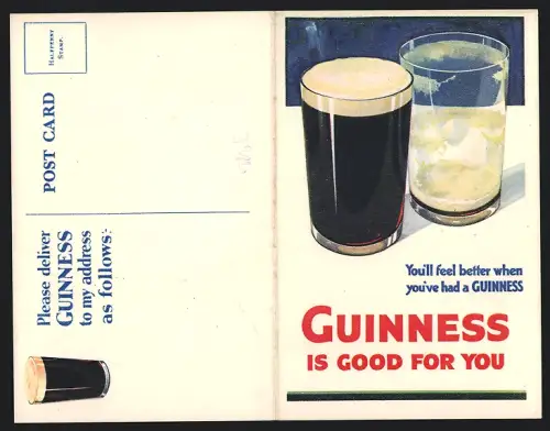 Klapp-AK Brauerei-Werbung für Guiness, Volles und leeres Bierglas auf dem Tisch