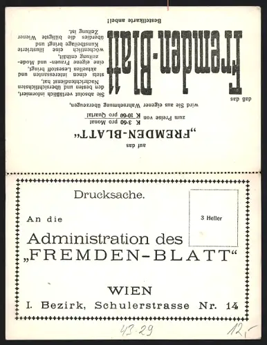 Klapp-AK Wien, Zeitung Fremden-Blatt, Schulerstrasse 14, Bestellkarte