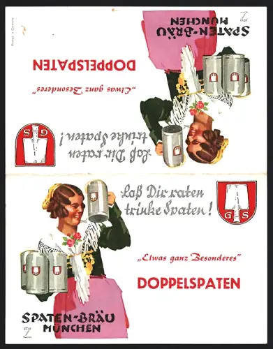 Klapp-Künstler-AK Ludwig Hohlwein: München, Reklame für Spaten-Bräu, Frau in Tracht mit Bierkrügen in den Händen