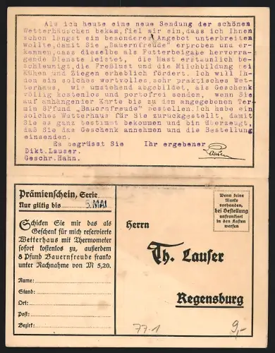 Klapp-AK Regensburg, Th. Laufer, Prämienschein für Bayerwald-Wetterhaus, Meteorologie