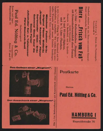 Klapp-AK Hamburg, Paul Ed. Nölting u. Co., Repsoldstrasse 76, Reklame für Reformflaschen Magnum mit Kronkorkenverschluss
