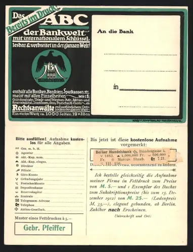 Klapp-AK Berlin, Verlagsanstalt IBA, Lützowstrasse 90, Angebot zur Aufnahme in das Gr. Intern. Banken-Adressbuch