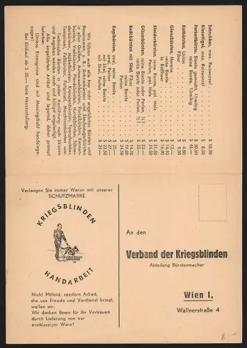 Klapp-AK Wien, Verband der Kriegsblinden, Wallnerstrasse 4, Angebot für Kriegsblinden Handarbeit