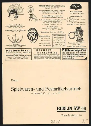 Klapp-AK Berlin, Spielwaren- u. Festartikelvertrieb A. Maas & Co. GmbH, Markgrafenstr. 84, Reklame für Carneval-Artikel