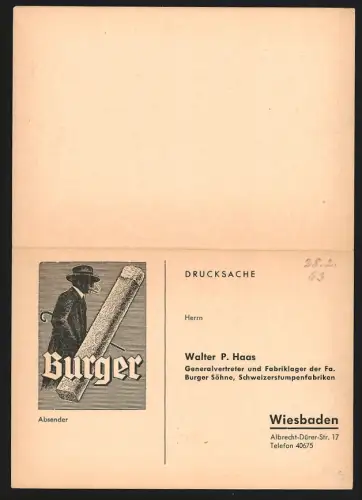 Klapp-AK Wiesbaden, Generalvertreter Walter P. Haas für Burger Söhne, Schweizerstumpenfabriken, Bestellkarte