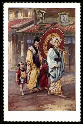 AK Zwei japanische Frauen im Kimono und einem Kind, Geisha