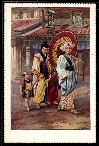 AK Zwei japanische Frauen mit Regenschirm und Kind, Geisha