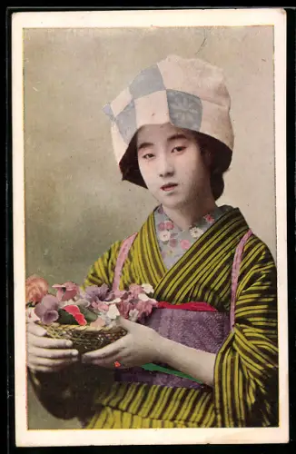 AK Geisha mit einem Korb voller Blumen