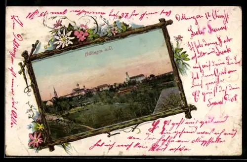 Lithographie Dillingen a. D., Teilansicht mit Kirche, Alpenblumen, Passepartout