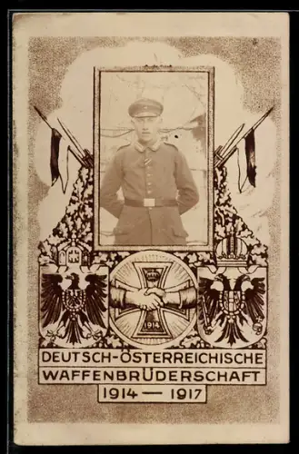 Foto-AK Zweibund, Deutsch-Österreichische Waffenbrüderschaft 1914-1917, Soldaten Portrait, Eisernes Kreuz & Wappen