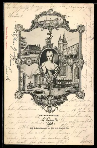 AK Dresden, Portrait Gräfin Cosel, Cosel-Palais Aussen- und Innenansichten