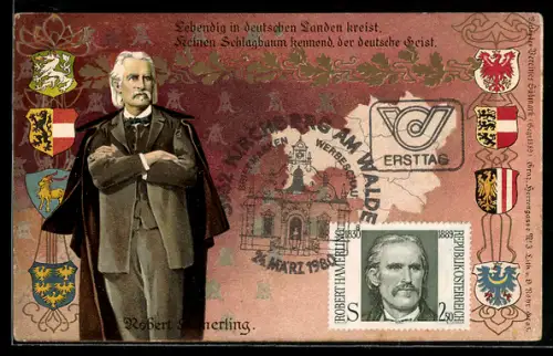 AK Dichter Robert Hamerling, Portrait mit Wappen