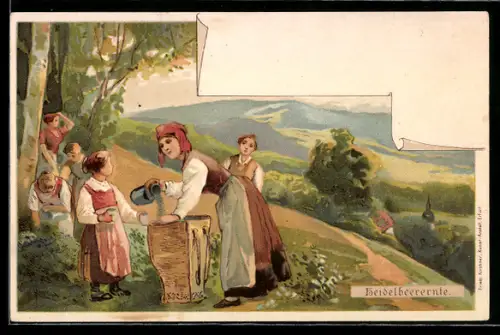 Lithographie Heidelbeerernte, Bauernmädchen pflücken Heidelbeeren am Waldrand