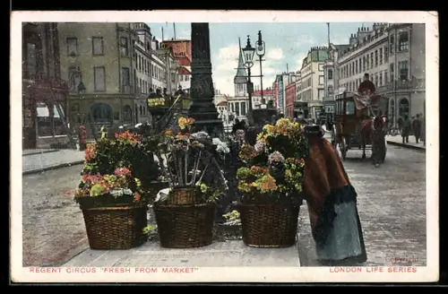 AK London, Regent Circus, Stand einer Blumenhändlerin