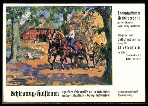 Künstler-AK Schleswig-Holsteiner Landschaftlicher Kreditverband, Bauer mit Fuhrwerk transportiert Heu