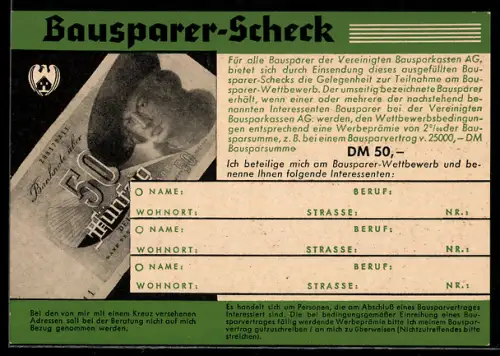 AK Vereinigte Bausparkassen AG Bielefeld, Bausparer-Scheck, Banknote 50 Deutsche Mark
