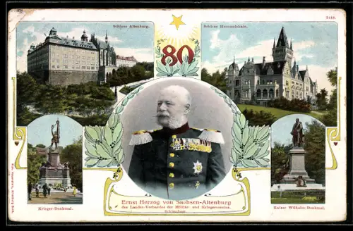 AK Portrait von Ernst Herzog von Sachsen-Altenburg in Uniform, Schlösser Altenburg und Hummelshain, Denkmäler