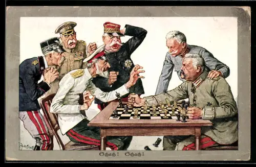 Künstler-AK Theo Zasche: Karikatur, Hindenburg u. Ludendorff spielen Schach gegen ihre Gegner der Entente