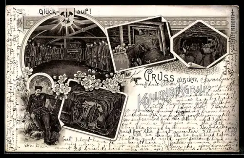 Lithographie Essen, Bergmänner im Kohle Schacht