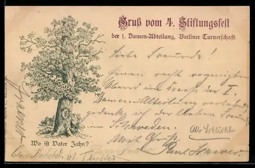 Lithographie Berliner Turnerschaft, 4. Stiftungsfest der 1. Damen-Abteilung, Wo ist Vater Jahn, Eiche mit Turnerwappen