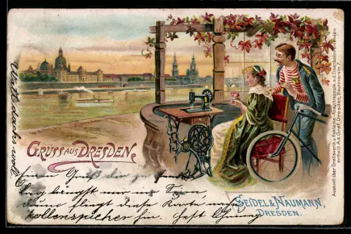Lithographie Dresden, Frau an der Nähmaschine, Mann mit Fahrrad