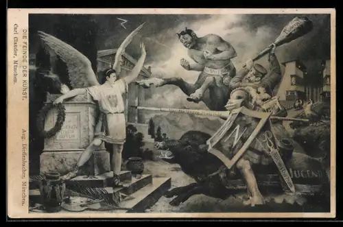 Künstler-AK G. Hirth`s Verlag, Serie: Die Feinde der Kunst, Engel beschützt etwas, Jugendstil