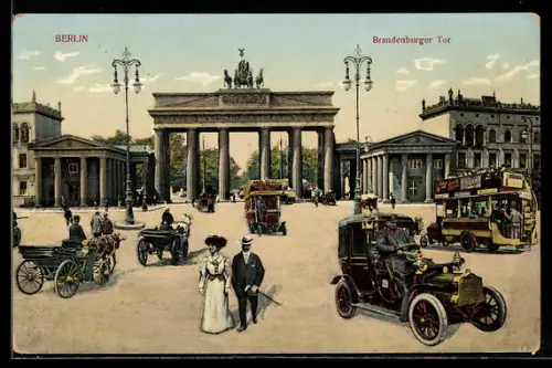 AK Berlin, Strassenverkehr vor dem Brandenburger Tor, Taxi - Droschke, Omnibus & Fuhrwerke