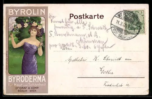AK Byrolin, Byroderma Hautpflegemittel Dr. Graf & Comp. Berlin, junge Frau in Jugendstil-Darstellung