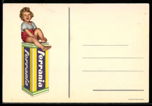AK Kind auf Ferrania Fotofilm-Packung sitzend
