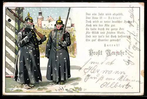 Lithographie Neujhar, Soldaten in Uniform Wintermantel mit Pickelhaube