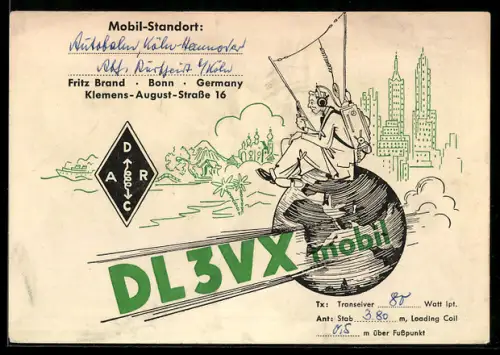 AK Radio DL3VX mobil, radiohörer sitz auf der WEltkugel