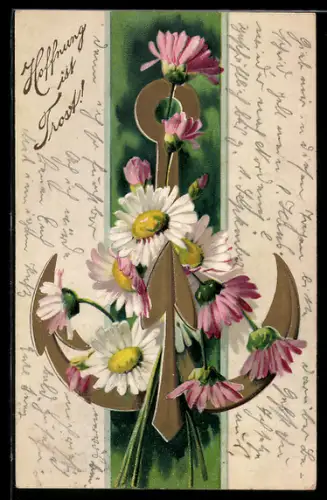 AK Hoffnung und Trost, Allegorie Blumen mit Anker