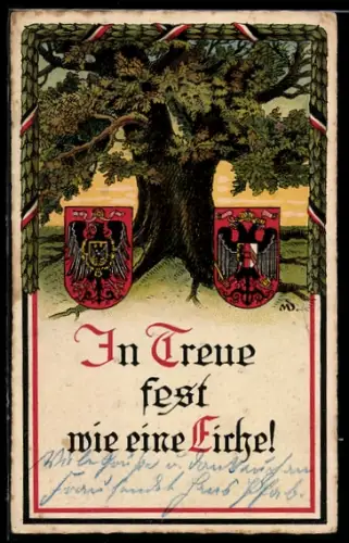 AK In Treue fest wie eine Eiche, Wappen mit Fahnen