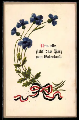 AK Spruch: Uns alle zieht das Herz zum Vaterland, Kornblumen