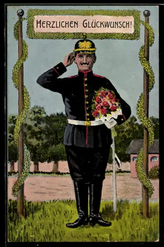 AK Soldat in Uniform mit Artillerie Pickelhaube wünscht Herzlichen Glückwunsch