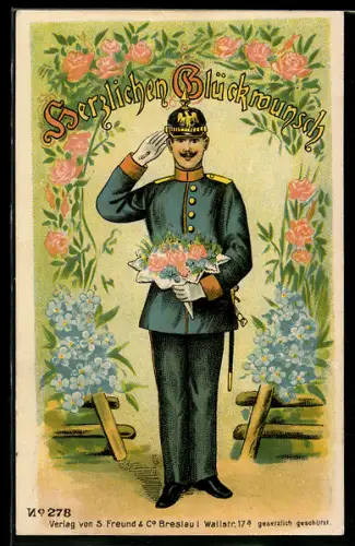 AK Soldat in Uniform mit Pickelhaube wünscht Herzlichen Glückwunsch