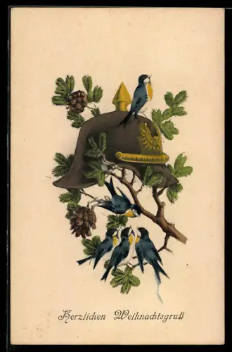 AK Pickelhaube mit Meisen, Herzlichen Weihnachtsgruss