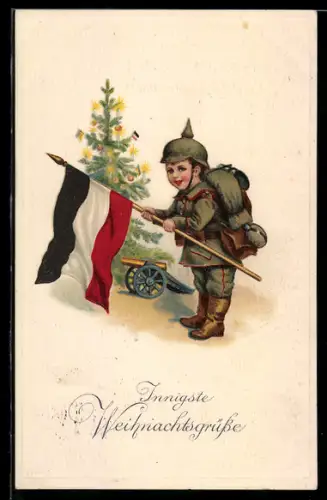AK Weihnachten, Deutscher Junge in Uniform mit Flagge und Geschütz