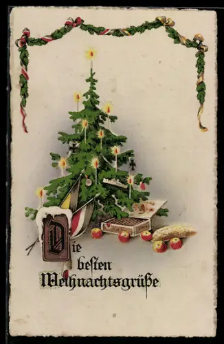 AK Kriegsweihnacht, geschückter Tannebaum mit Geschenken