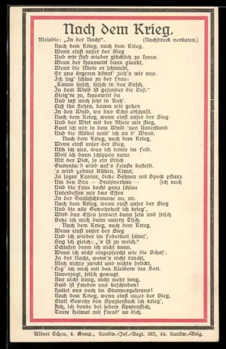 AK Lied: Nach dem Krieg, nach Albert Scheu von der 4. Komp. Landw.-Inf.-Rgt 382
