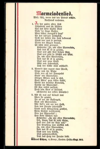AK Lied: Marmeladenlied, nach Albert Scheu von der 4. Komp. Landw.-Inftr.-Rgt. 382