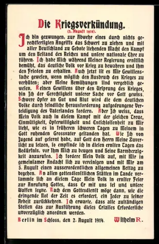 AK Propaganda 1. Weltkrieg, Die Kriegsverkündung von Wilhelm R.