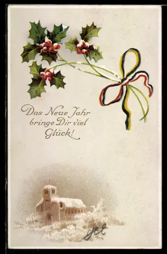 AK Neujahr, Stechpalme mit deutsch-österreichischer Schleife