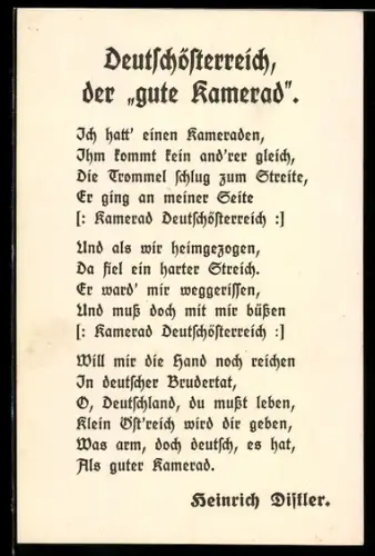 AK Zweibund Propagandaspruch Deutschösterreich der gute Kamerad nach Heinrich Distler