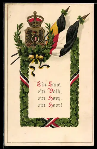 AK Zweibund Flaggen mit Wappen, Spruch: Ein land, ein Vol, ein herz, ein Heer