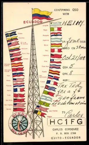 AK Radio HC1FG, Ecuador, Rueda del Oeste, Flaggenmast mit Nationaflaggen